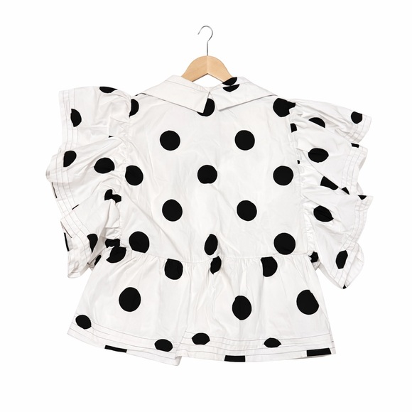 NWOT!! BUCKETLIST 100% Cotton Ruffled Short Sleeve White/Black Polka Dot Blouse - Picture 3 of 7
